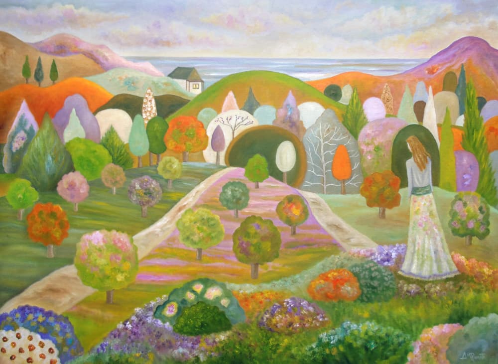 Woman in a Whimsical Garden by Angeles M. Pomata — canvas wall art
