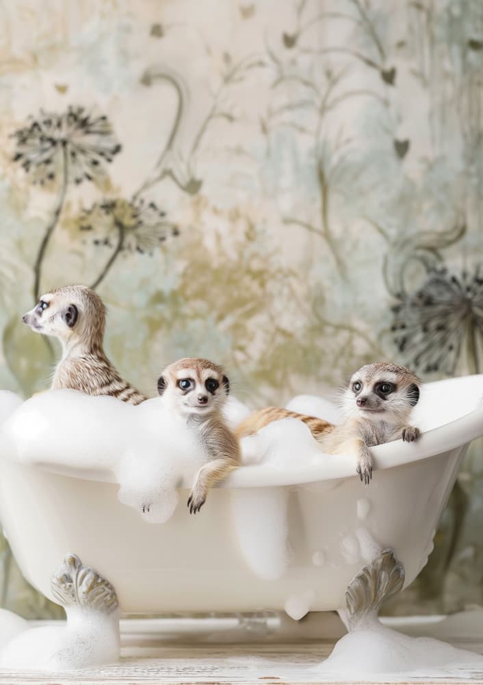 Baby Meerkats Bubble Bath by Niky Rahner — canvas wall art