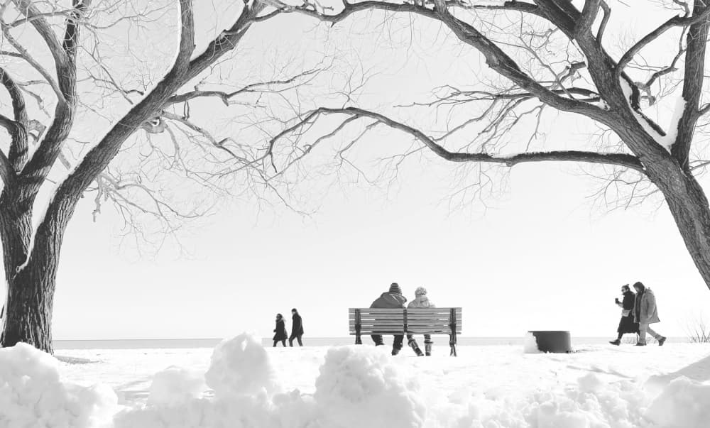 Snowy Park Bench by Emma Zhao — canvas wall art