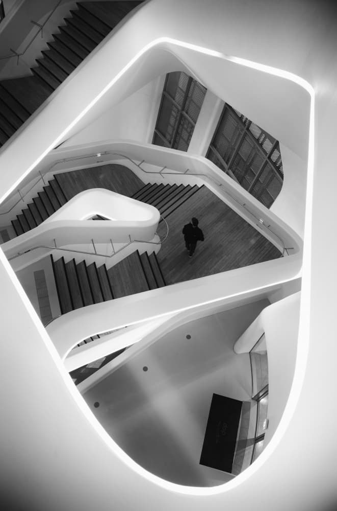 White Geometric Staircase by Bong Goo Kang — canvas wall art