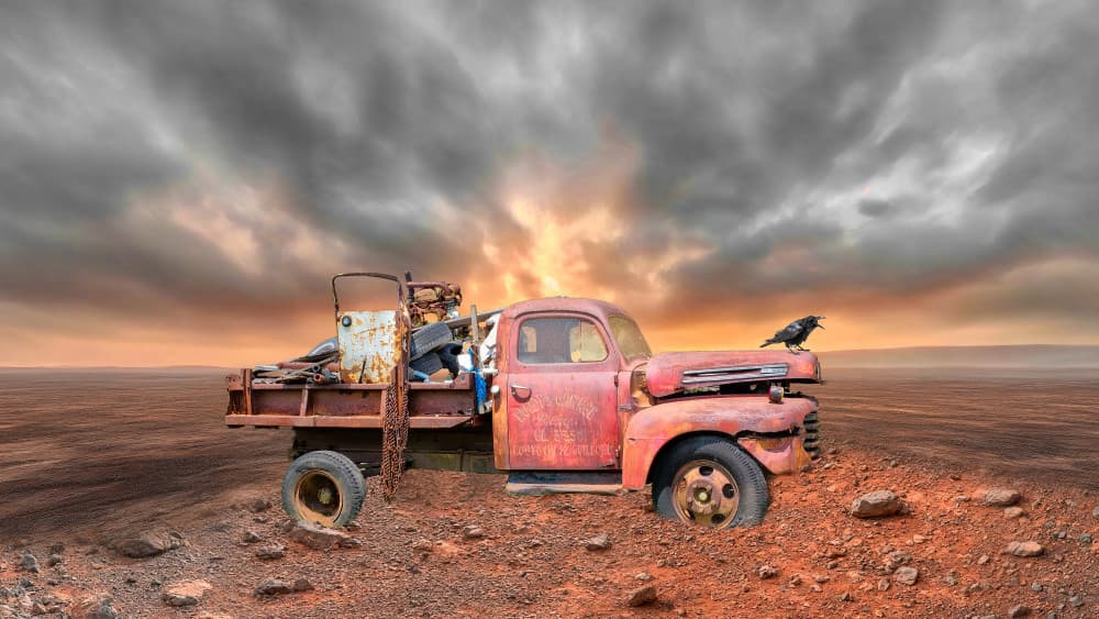 Rusty Desert Truck And Crow by Leonid Yermoshkin — canvas wall art