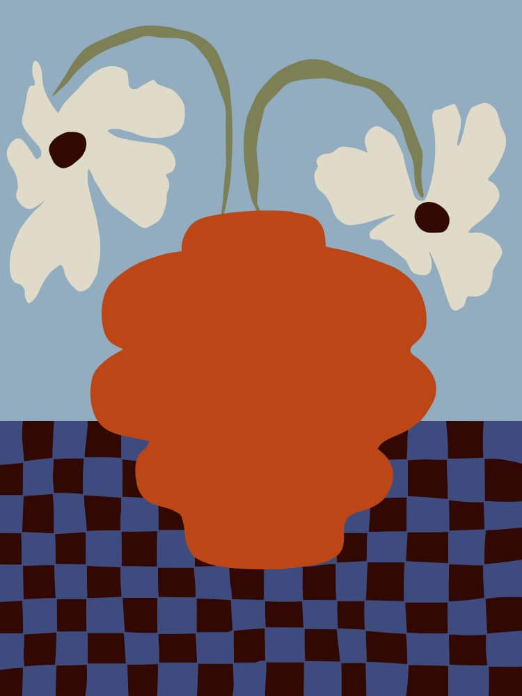White Flowers Orange Vase by Miho Art Studio — canvas wall art