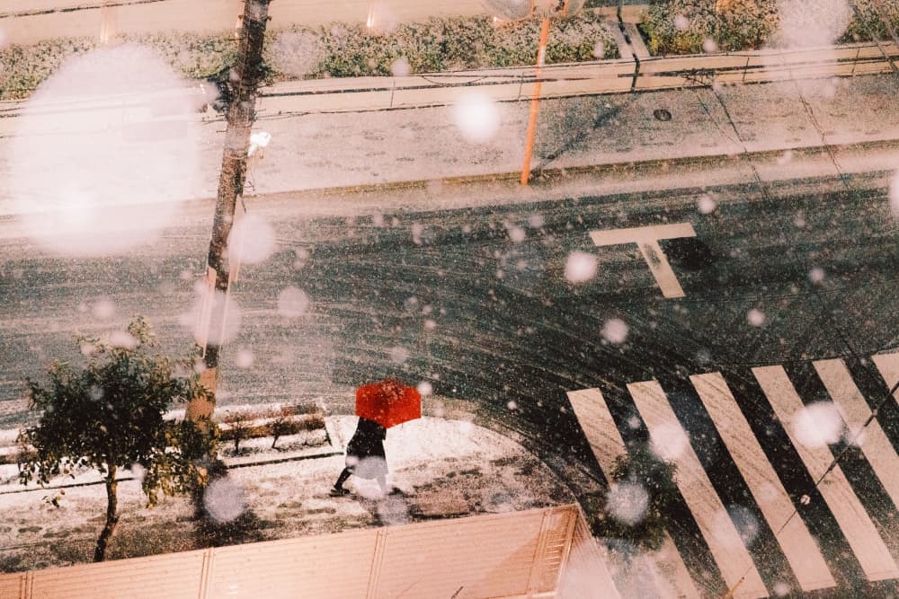 Winter Walk Red Umbrella by HIDASAN — canvas wall art