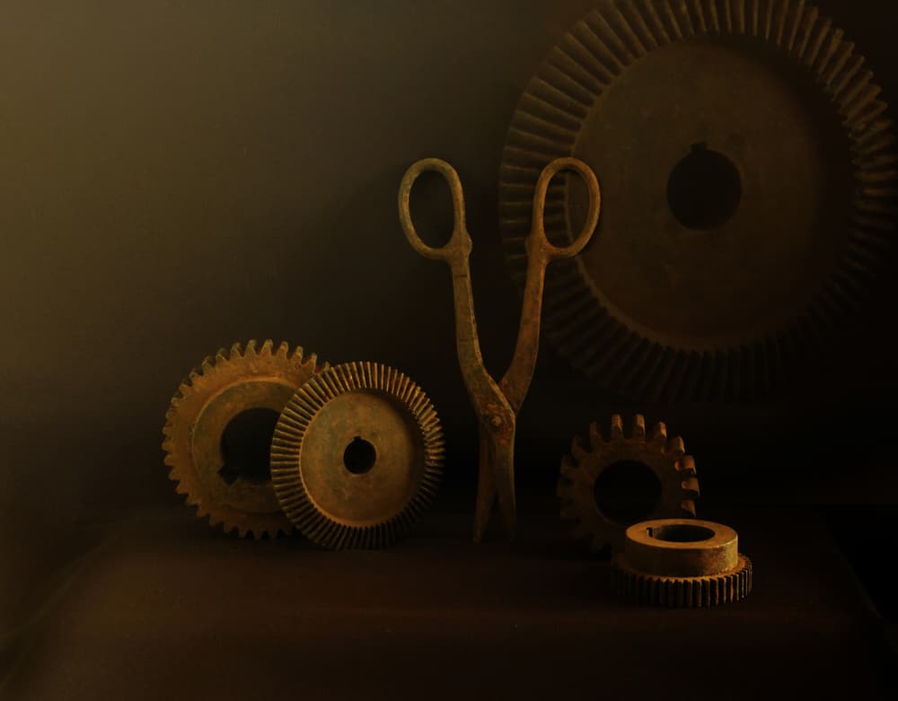 Rusty Gears And Scissors by Margaret Halaby — canvas wall art