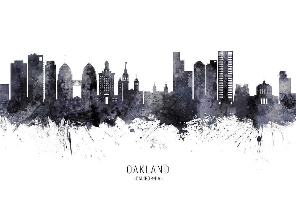 Oakland Skyline Watercolor by Michael Tompsett — canvas wall art