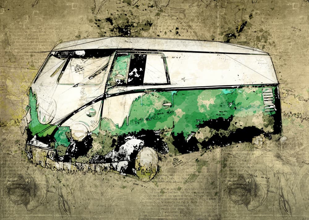 Artistic Green Bus by Lembayung senja studio [Vintage Poster] — canvas wall art