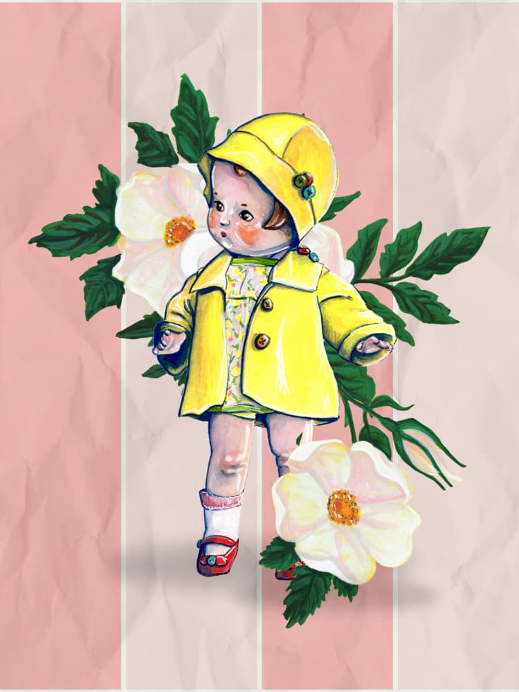 Vintage Doll with Flowers by Renee Machan Cottagecore Artist — canvas wall art