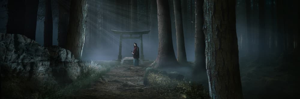Misty Forest Shrine by Jackson Carvalho — canvas wall art