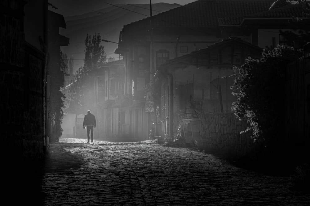 Man Walking Misty Street by Ramiz Sahin — canvas wall art