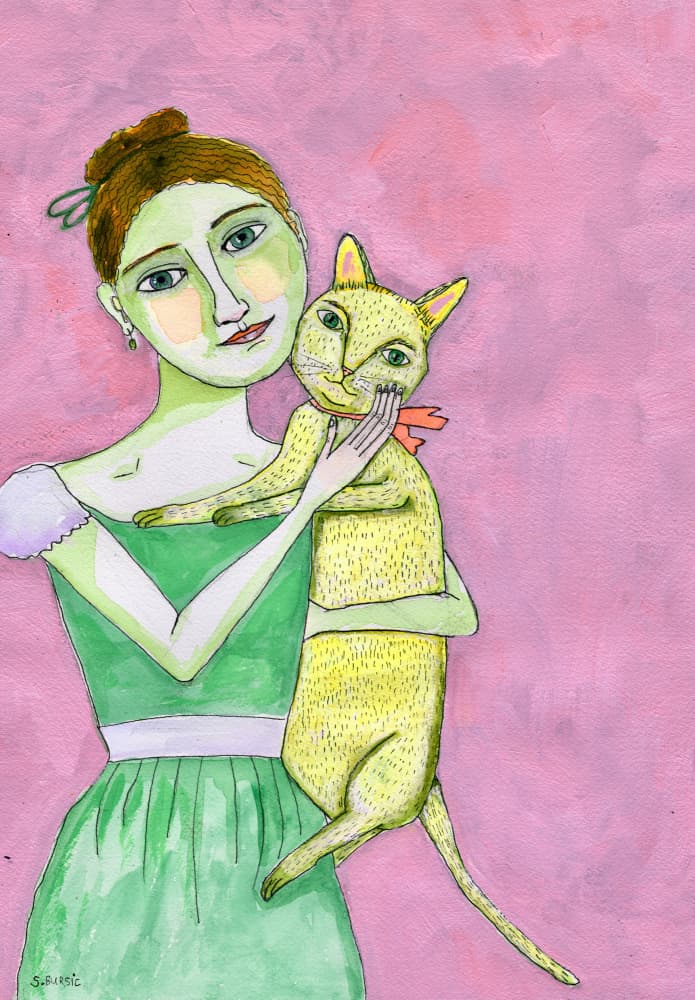 Whimsical Woman and Cat by Sharyn Bursic — canvas wall art