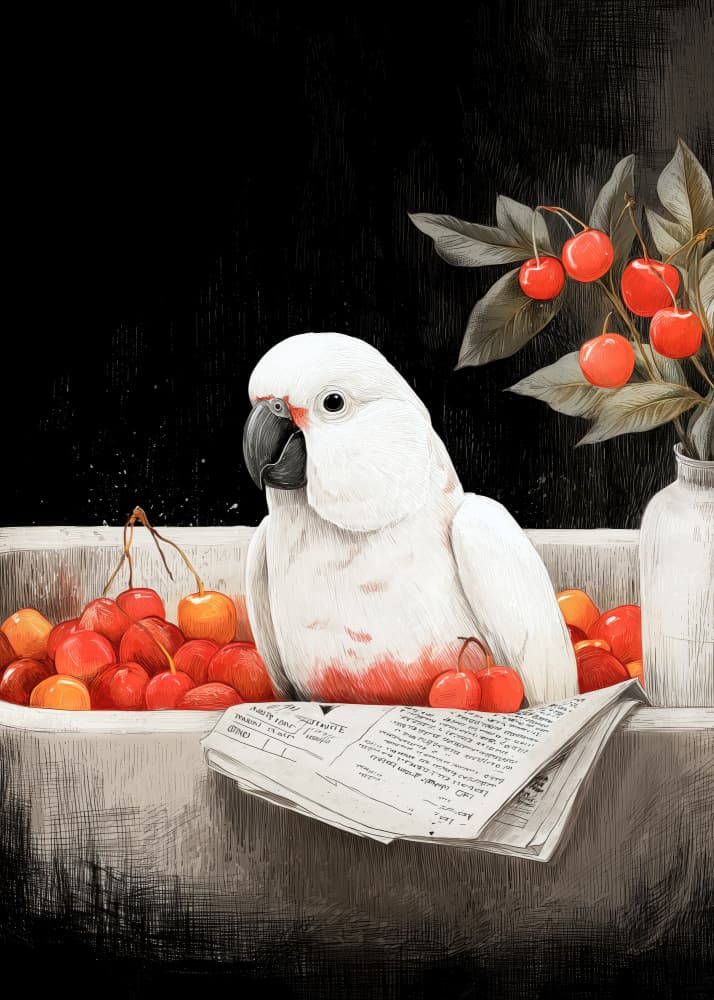 Cockatoo's Cherry Feast by Justyna Jaszke — canvas wall art