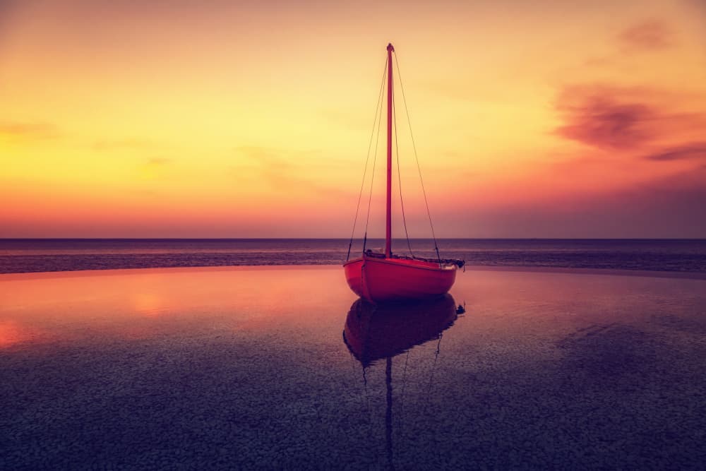 Reflective Red Sailboat Sunset by Tiger Seo — canvas wall art