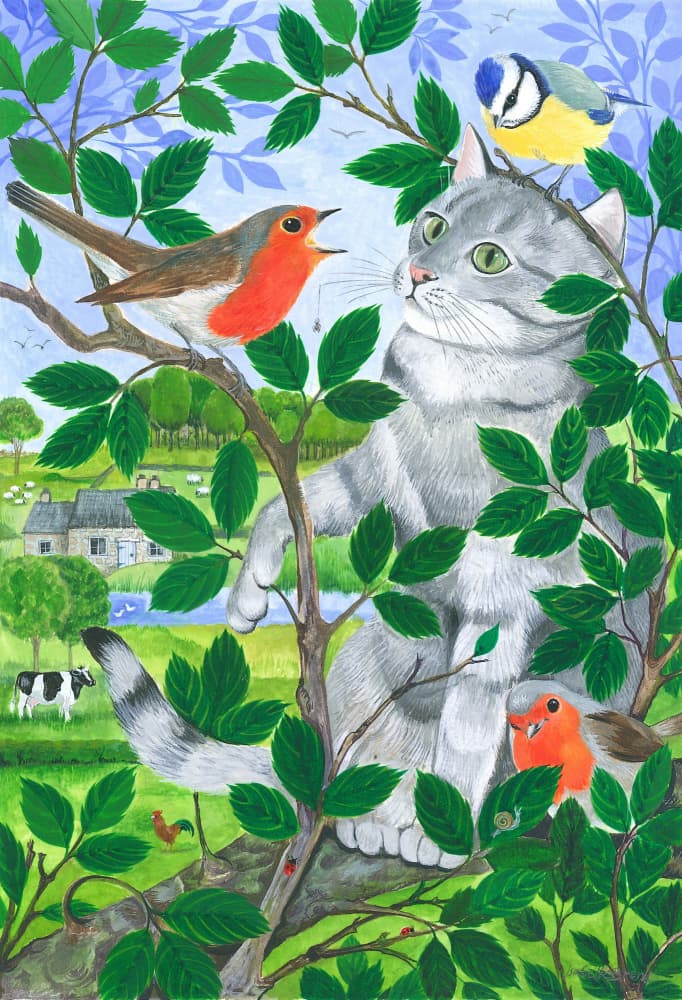 Tabby Cat and Birds In Tree by Isabelle Brent — canvas wall art