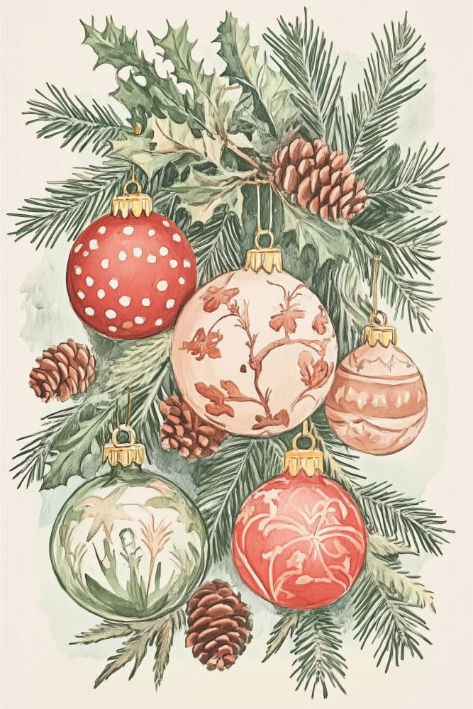 Vintage Christmas Ornaments by Melloi Art Prints — canvas wall art