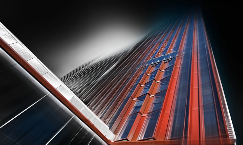 Modern Red Blue Skyscraper by Erhard Batzdorf — canvas wall art