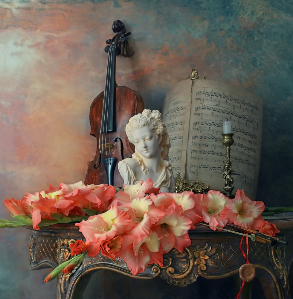 Violin Bust and Gladiolus by Andrey Morozov — canvas wall art