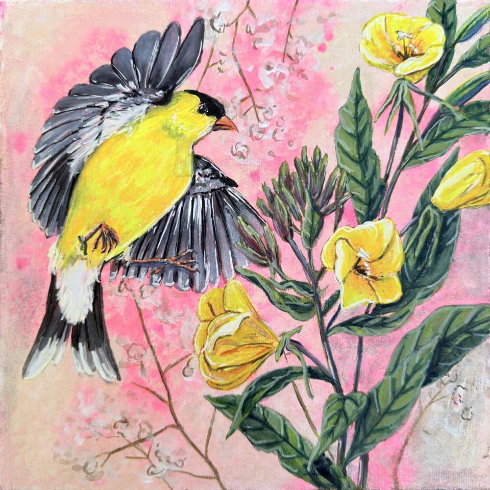 Vibrant Goldfinch and Yellow Blooms by Renee Machan Cottagecore Artist — canvas wall art