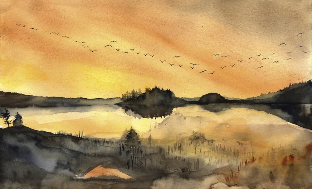 Golden Lakeside Flight by RodMacIver — canvas wall art