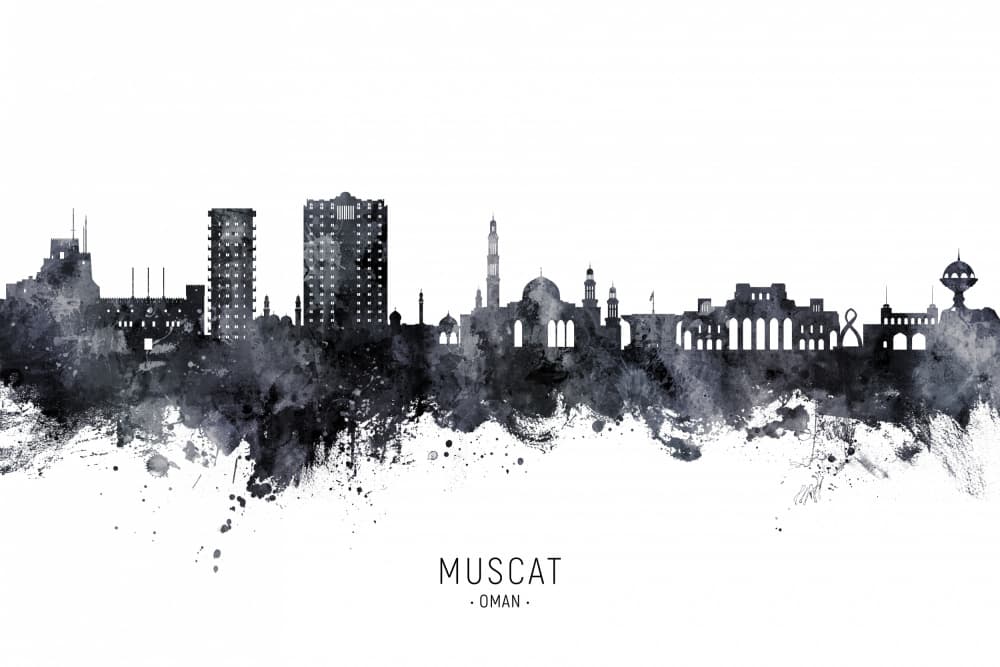 Muscat Skyline Watercolor by Michael Tompsett — canvas wall art