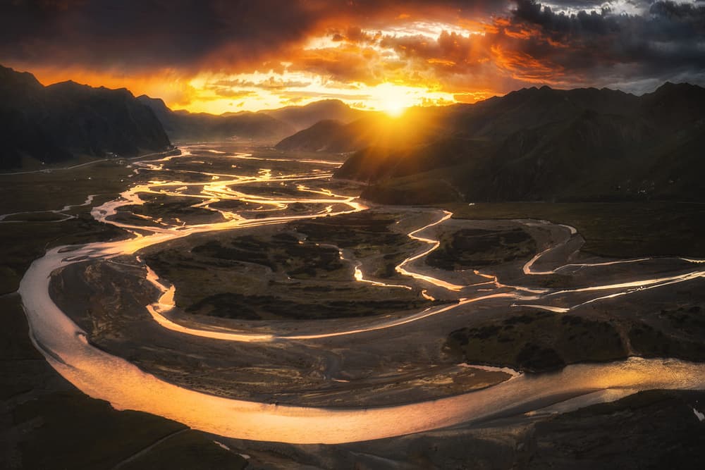 Golden River Valley Sunset by TIANQI — canvas wall art