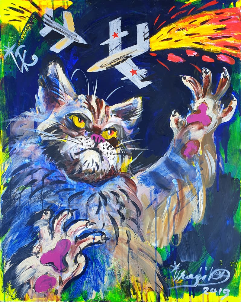 Cat Battles Jets by Kanat Ibragimov — canvas wall art