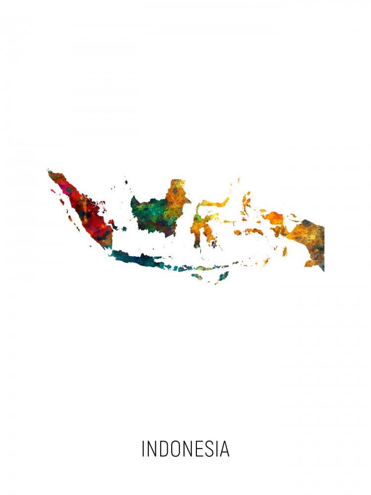 Colorful Indonesia Map by Michael Tompsett — canvas wall art
