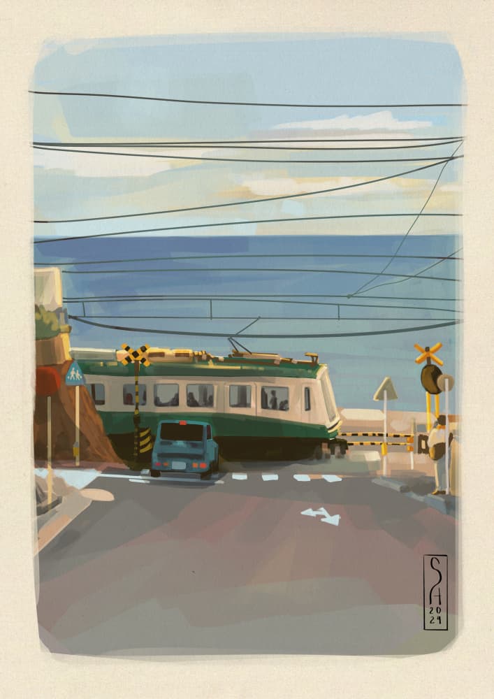 Coastal Train Crossing View by Sarah Oliveira — canvas wall art