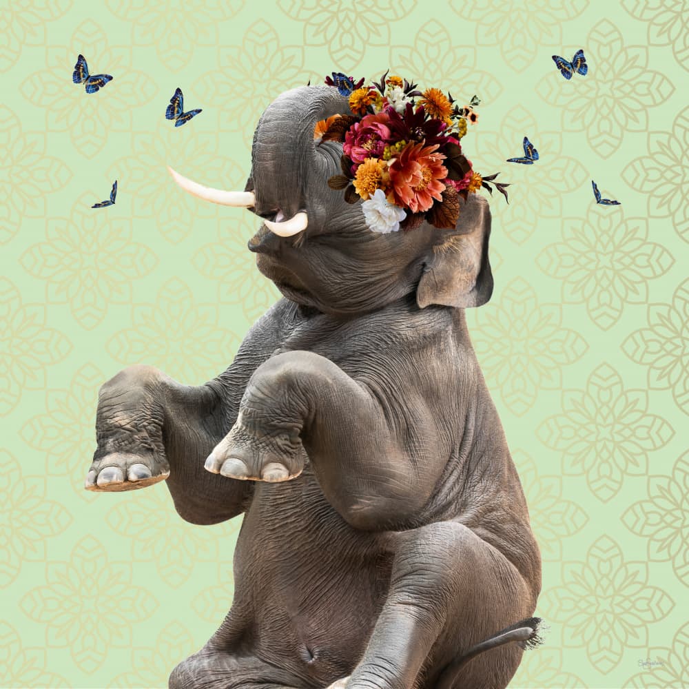 Whimsical Elephant Floral Crown by Sue Skellern — canvas wall art