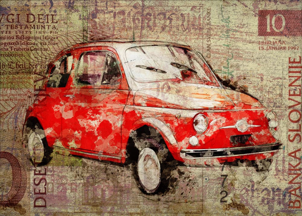 Red Vintage Fiat 500 by Lembayung senja studio [Vintage Poster] — canvas wall art