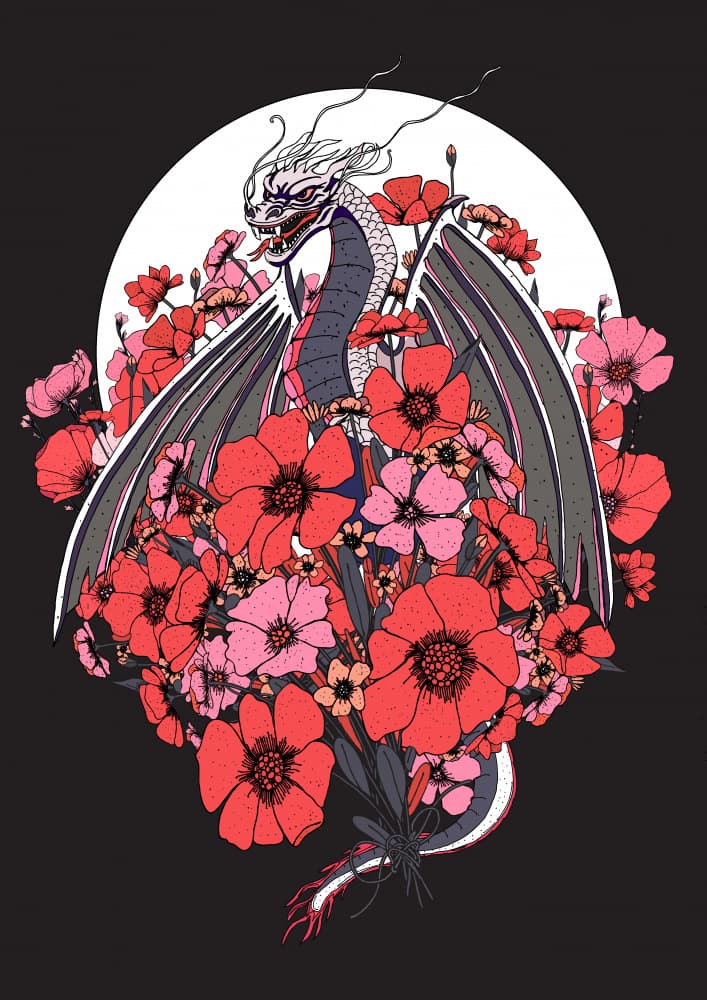 Moonlit Floral Dragon by Nicholas — canvas wall art