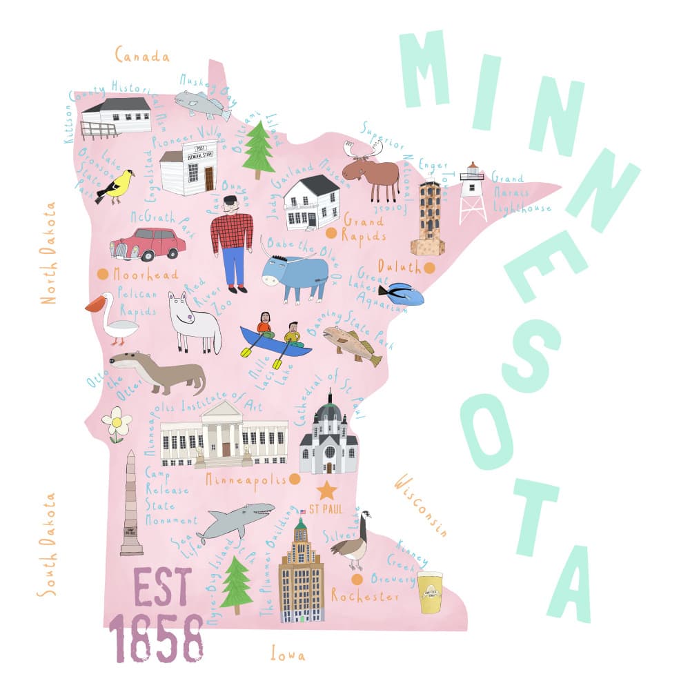 Whimsical Minnesota Map by Carla Daly — canvas wall art