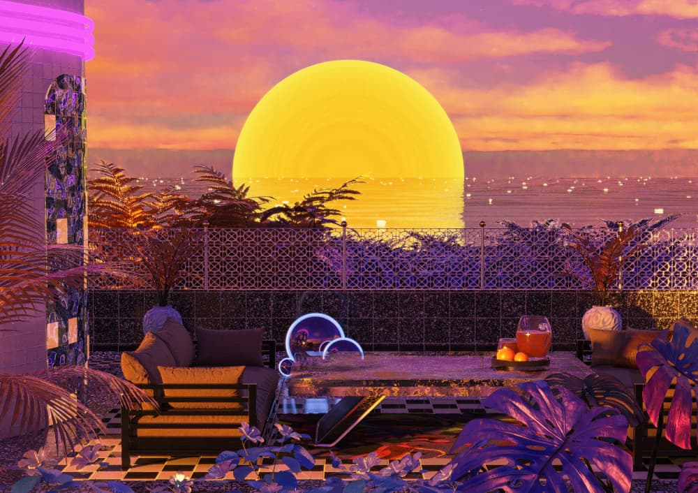 Neon Sunset Terrace by CosmoZach — canvas wall art