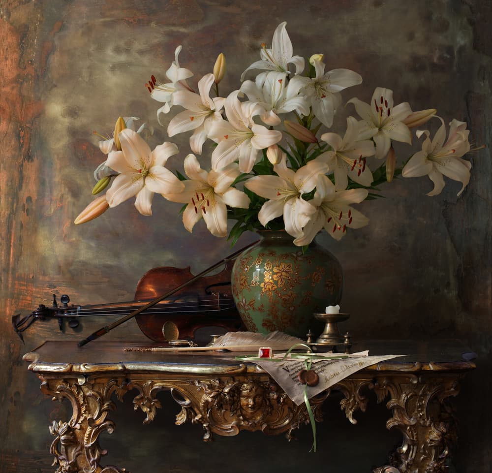 Elegant Lilies and Violin by Andrey Morozov — canvas wall art