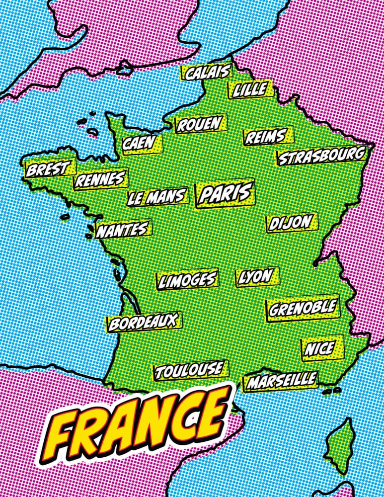 Vibrant France Cities Map by Nicholas — canvas wall art