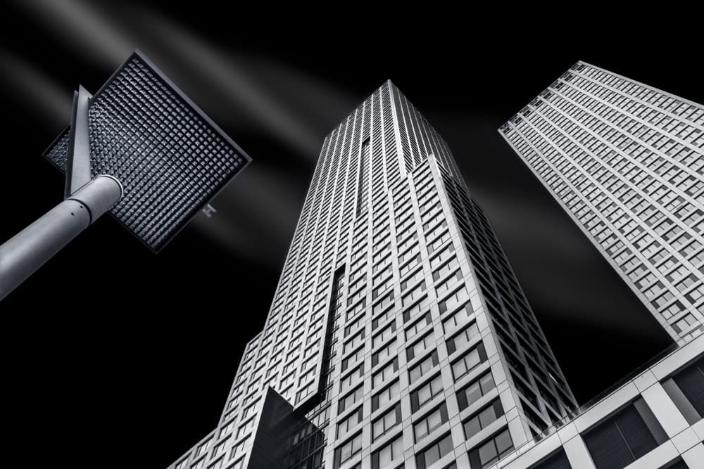 Skyscrapers Upward View by Wim Denijs — canvas wall art