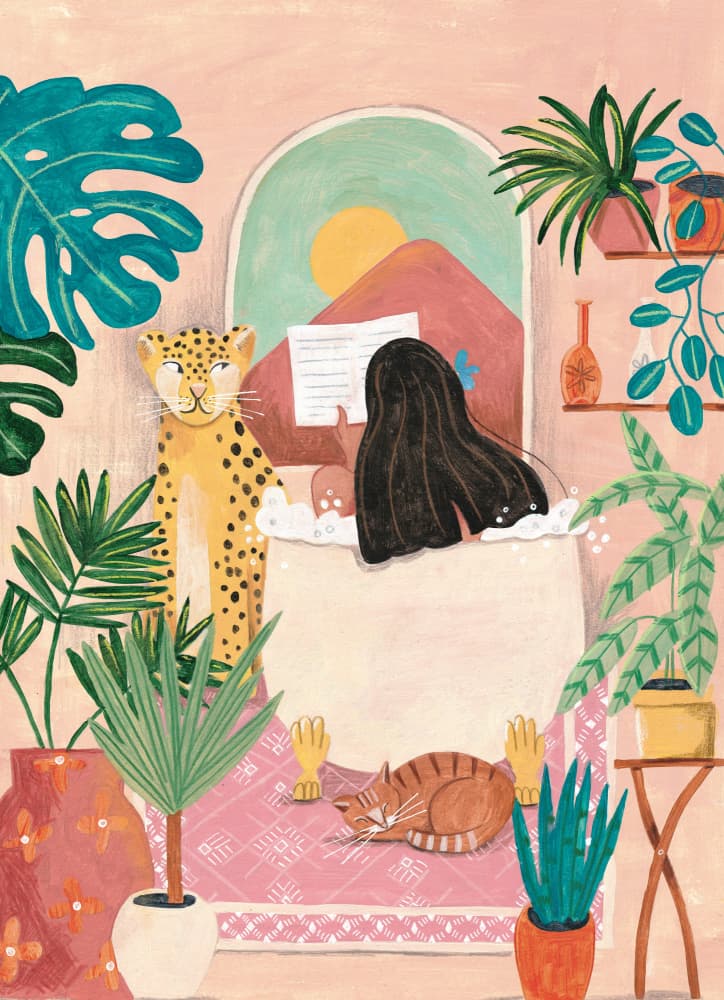 Woman taking bath in pink tropical bathroom by Caroline Bonne Müller — canvas wall art