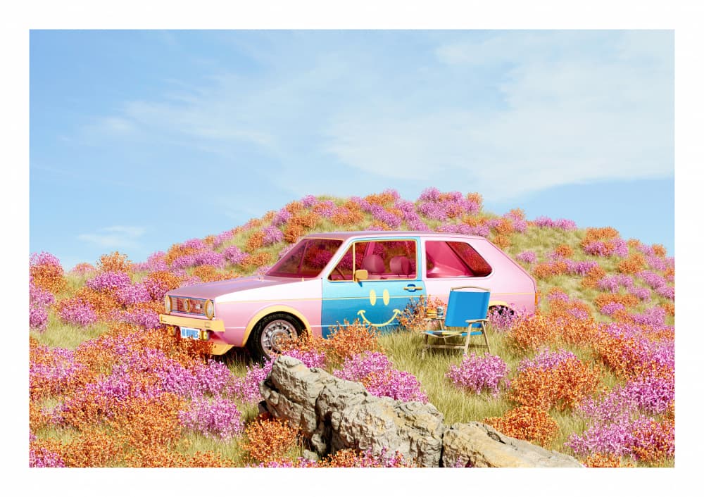 Smiley Car In Flowers by Brad Healy — canvas wall art