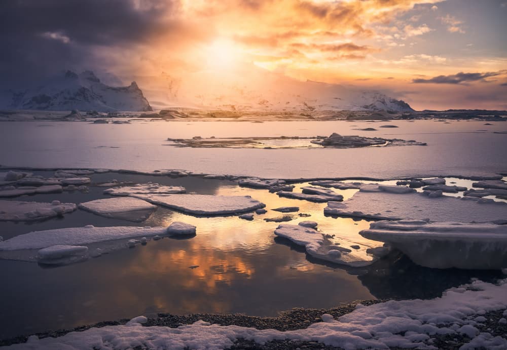 Golden Ice Lake Sunset by joanaduenas — canvas wall art