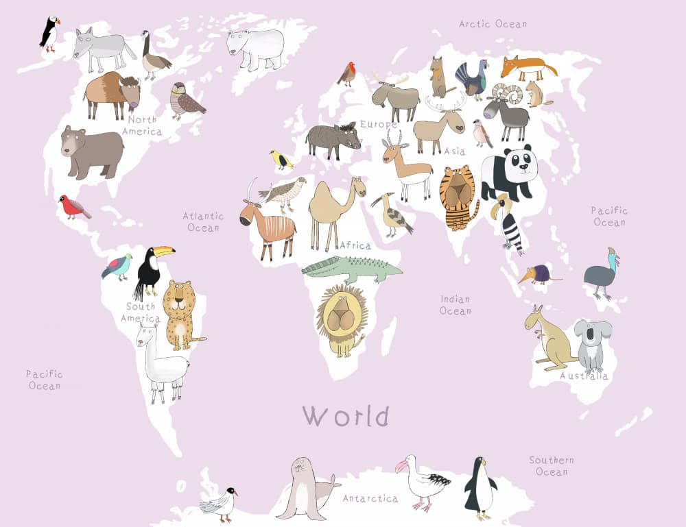 Cute Animal World Map by Carla Daly — canvas wall art