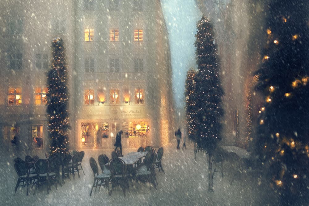 Christmas Street Snowfall by Roswitha Schleicher-Schwarz — canvas wall art