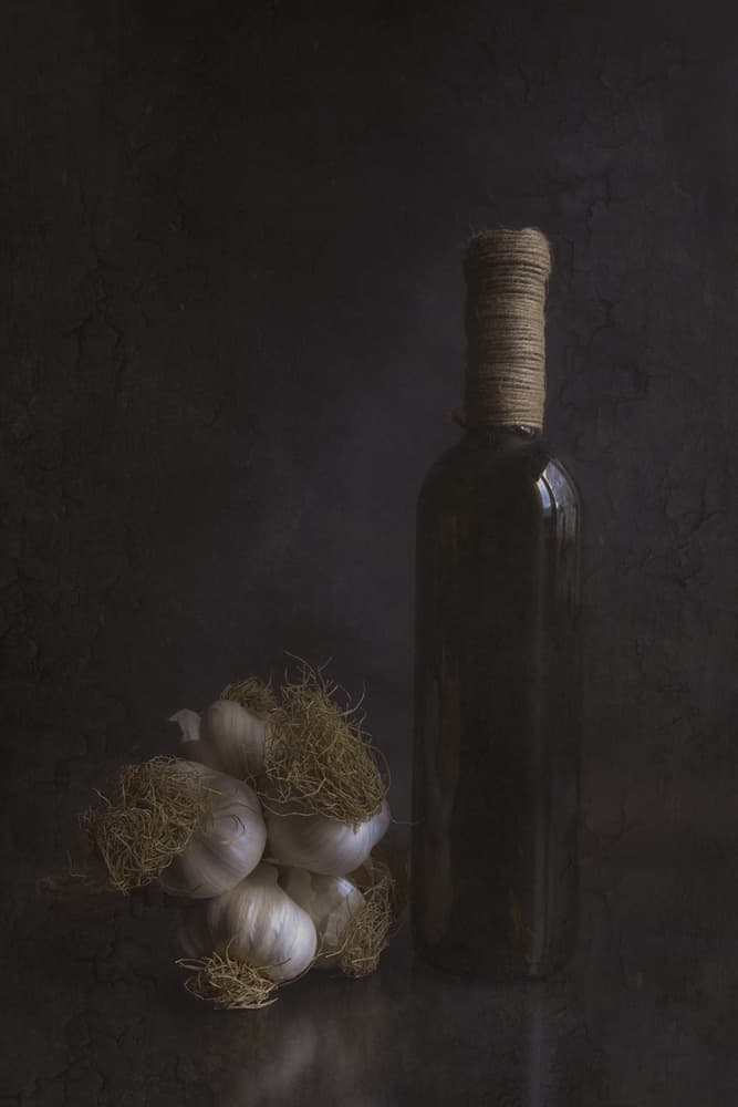 Rustic Garlic and Bottle by Cicek Kiral — canvas wall art