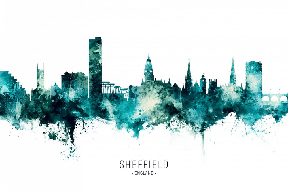 Watercolor Sheffield Skyline by Michael Tompsett — canvas wall art