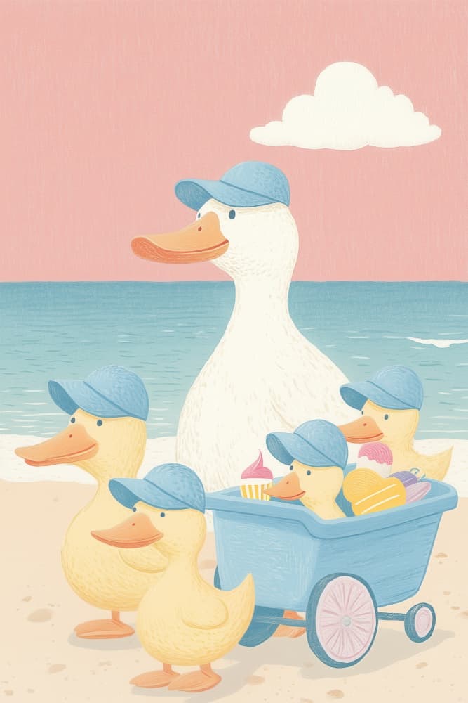 Duck Family Beach Day by Melloi Art Prints — canvas wall art