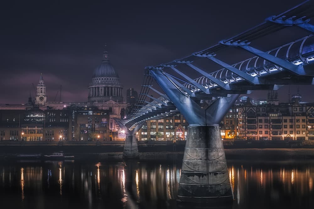 London Night Bridge Reflections by Adhemar Duro — canvas wall art