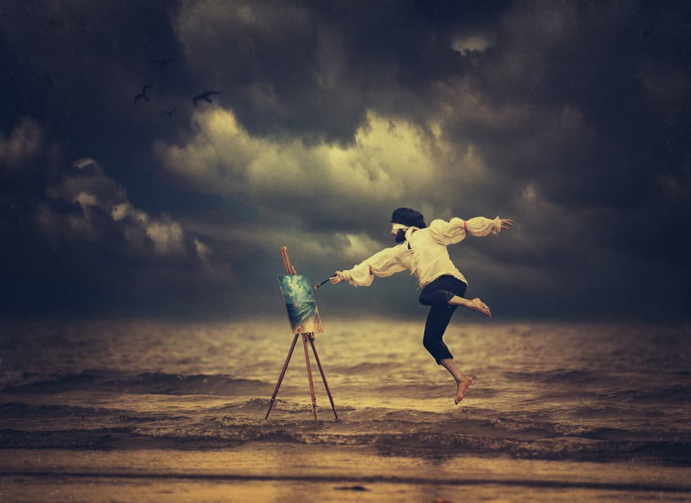 Blindfolded Artist's Joyful Leap by Magdalena Russocka — canvas wall art