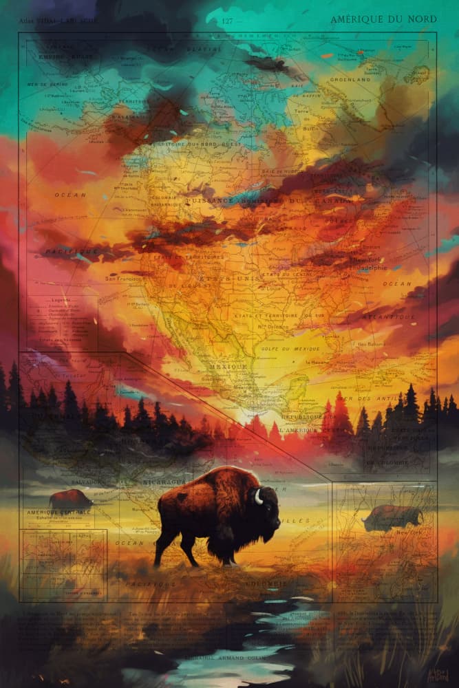 Wild Bison Sunset Map by thomas chedeville — canvas wall art