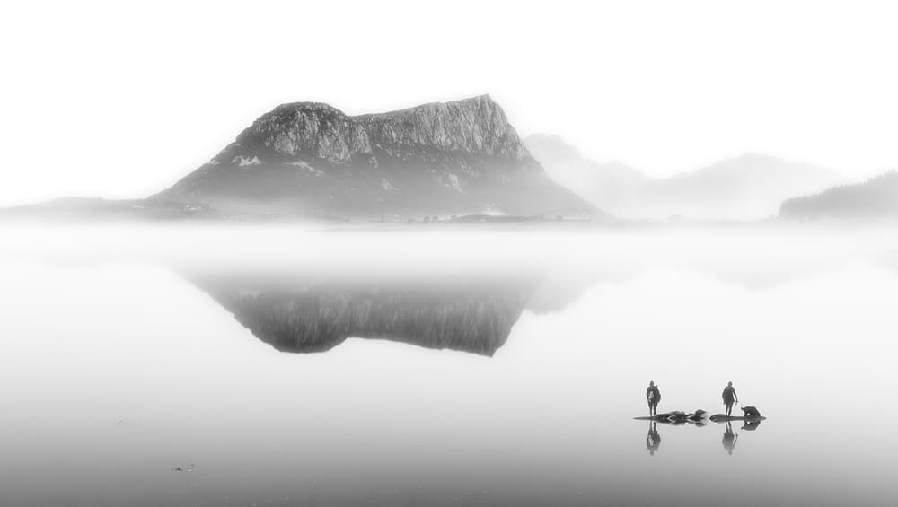 Paddleboarders Foggy Mountain Lake by Bingo Z — canvas wall art