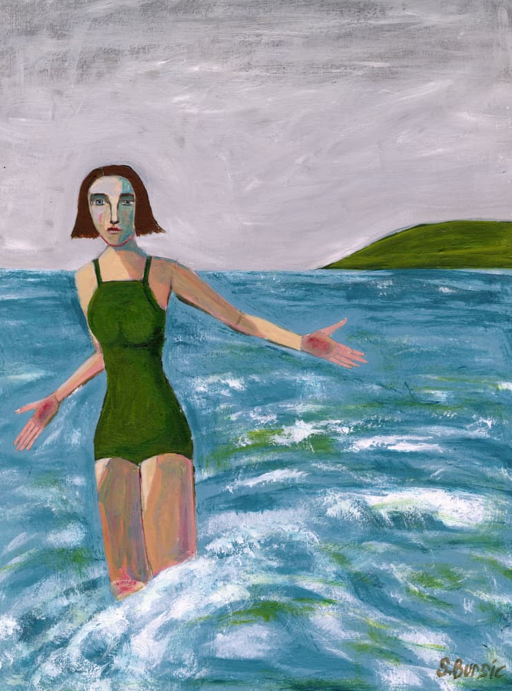 Pensive Swimmer Grey Sea by Sharyn Bursic — canvas wall art