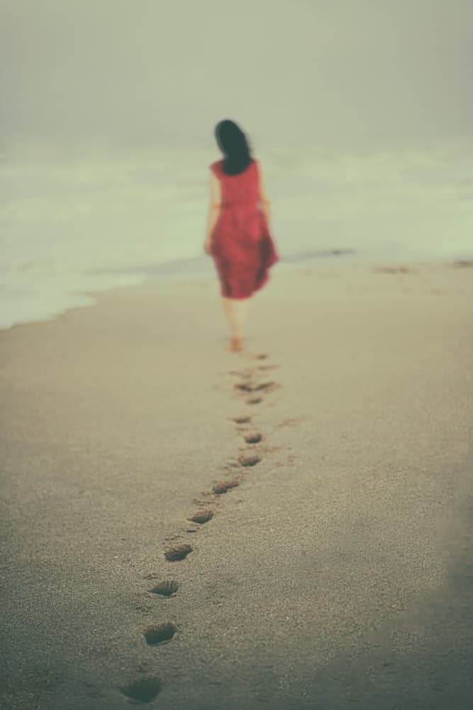 Red Dress Beach Walk by Rob Li — canvas wall art
