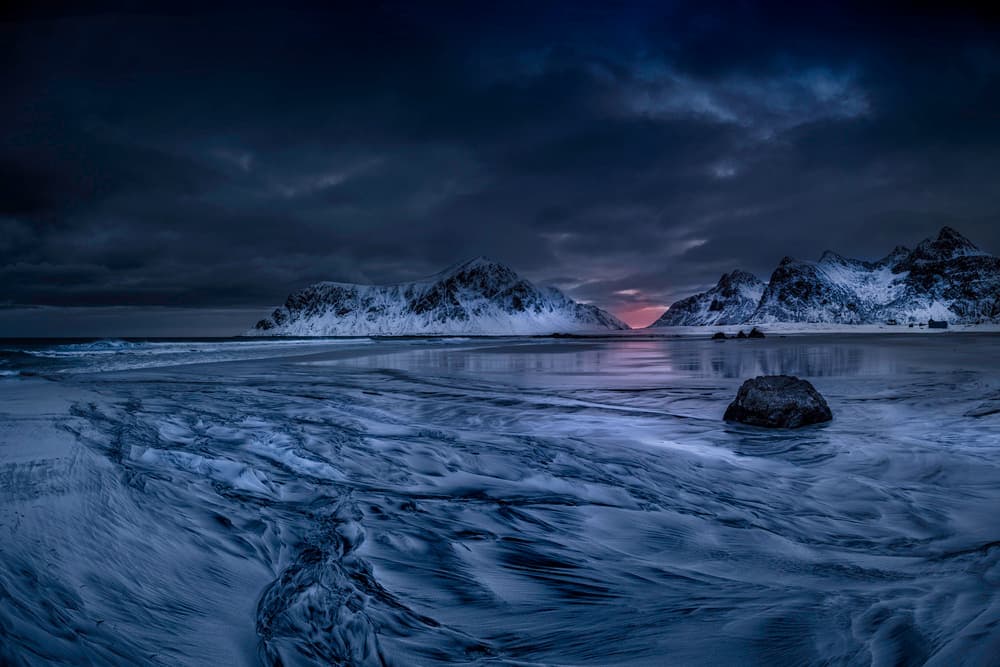 Snowy Mountains Winter Beach by Ronny Olsson — canvas wall art